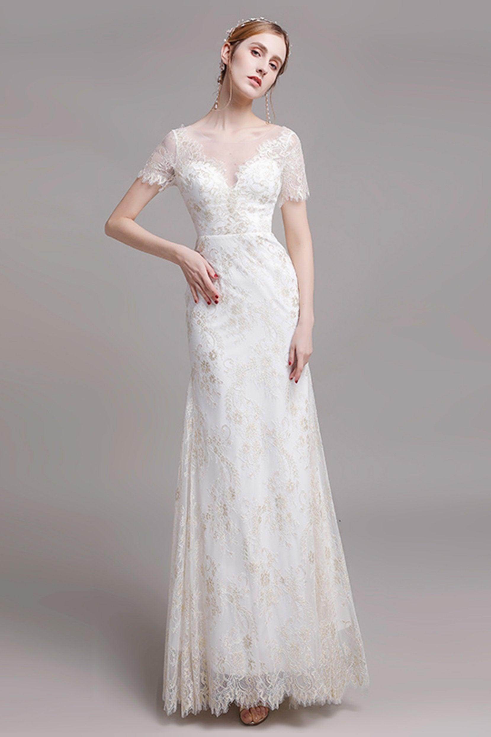 Sheath-Column Floor Length Lace Wedding Dress CW2766 - COCOMELODY